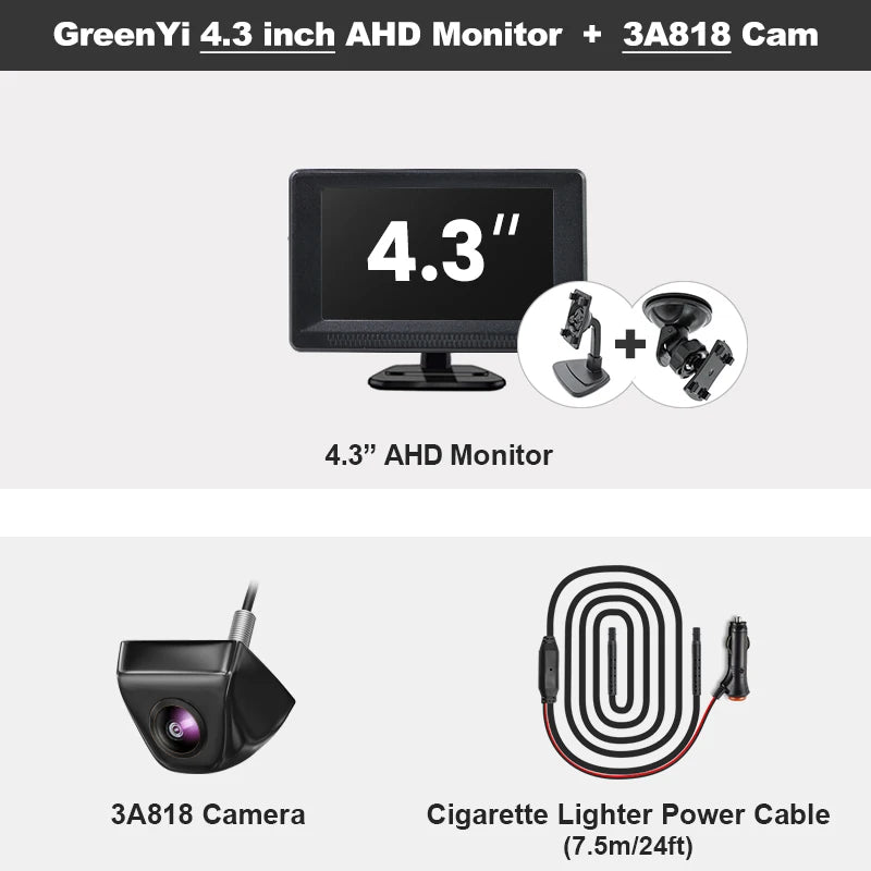 Monitor Samochodowy GreenYi z Kamerą Cofania 4.3'' / 5'' / 7'' | 1080P | IP68 | Nocna Wizja | AHD | Szeroki Kąt 170°